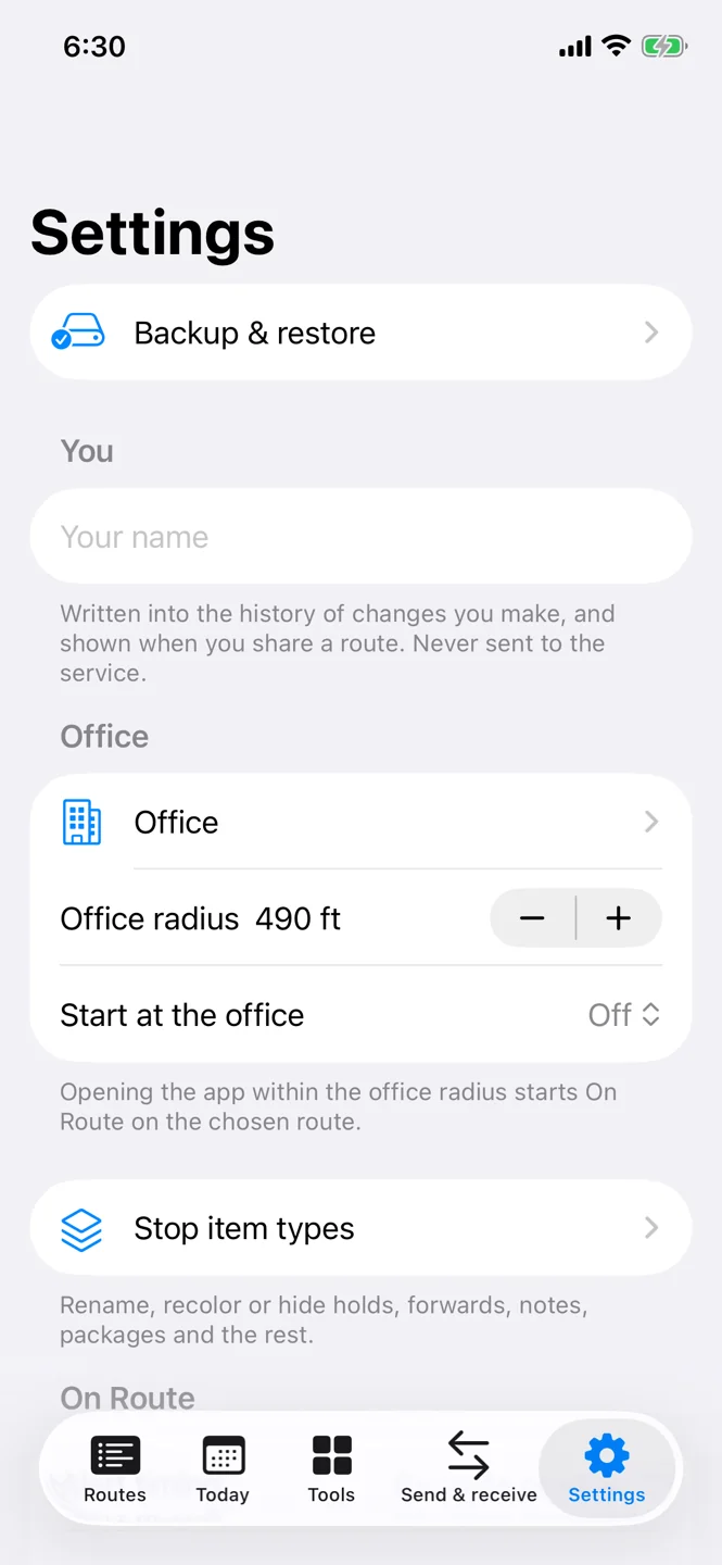 Settings, with Backup & restore at the top